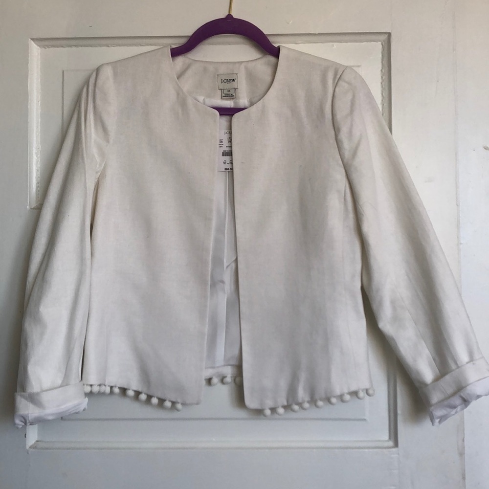 J crew white linen blazer with poms